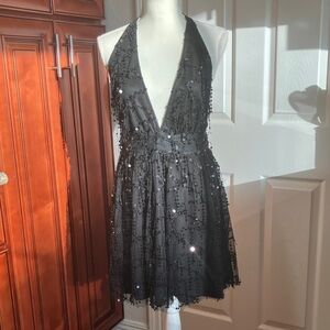 Black Sequin Plunge Midi Dress Size:6